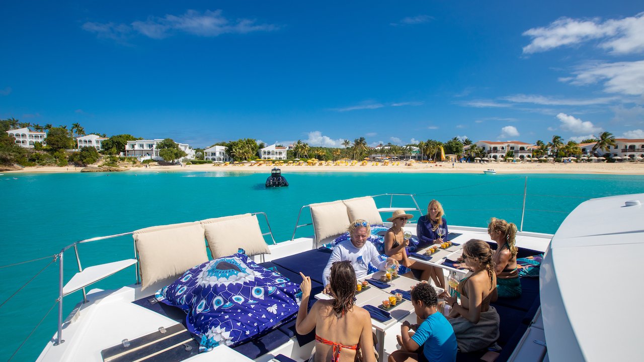 People eating lunch on St Maarten catamaran cruise