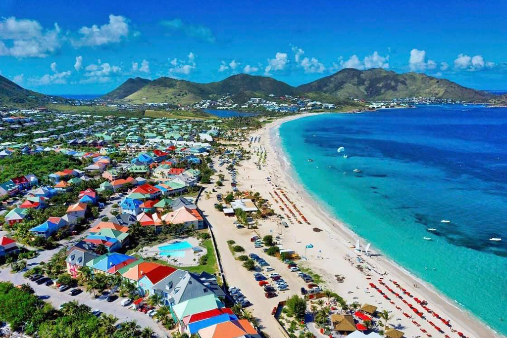 Aerial view of Orient Bay Beach on French Saint-Martin
