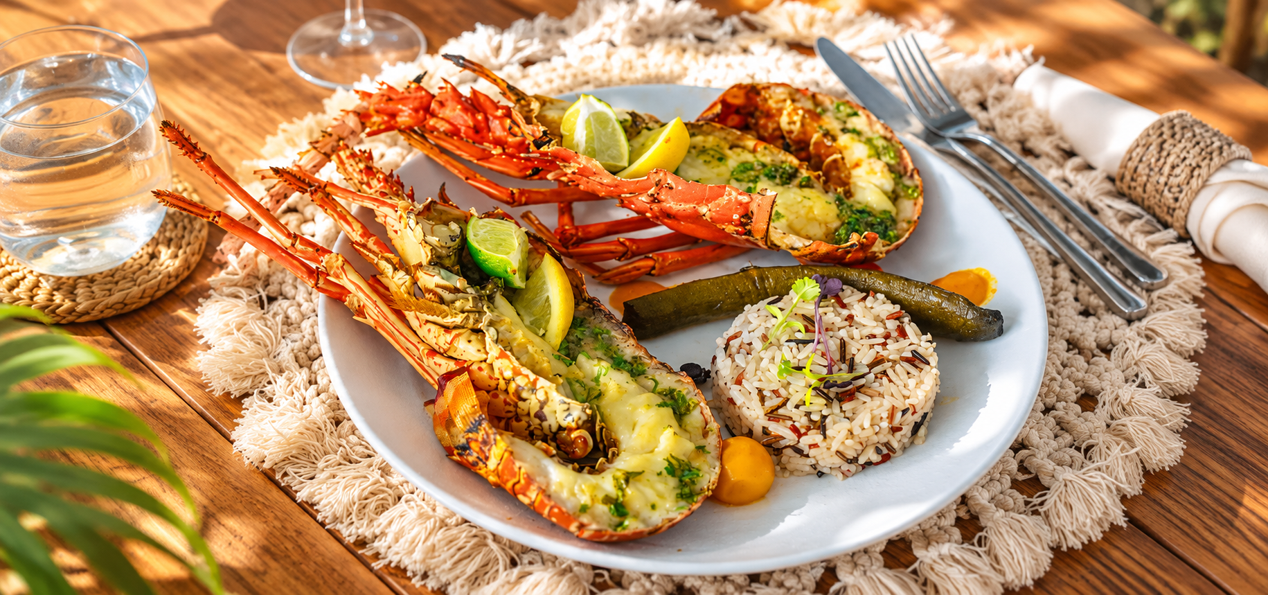 Caribbean lobster and seafood dinner with rice and citrus, showcasing private dining in St. Maarten